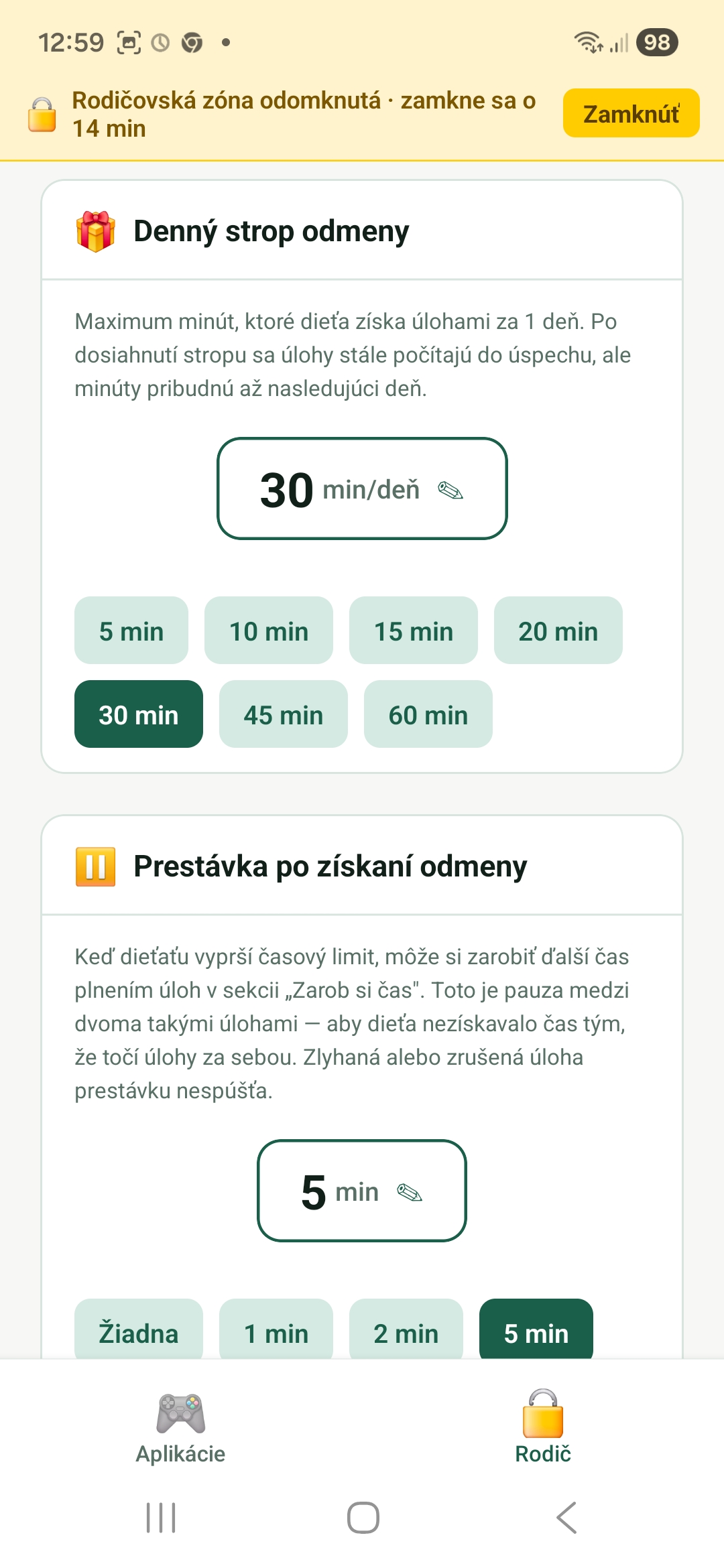 Nastavenie denného stropu odmeny