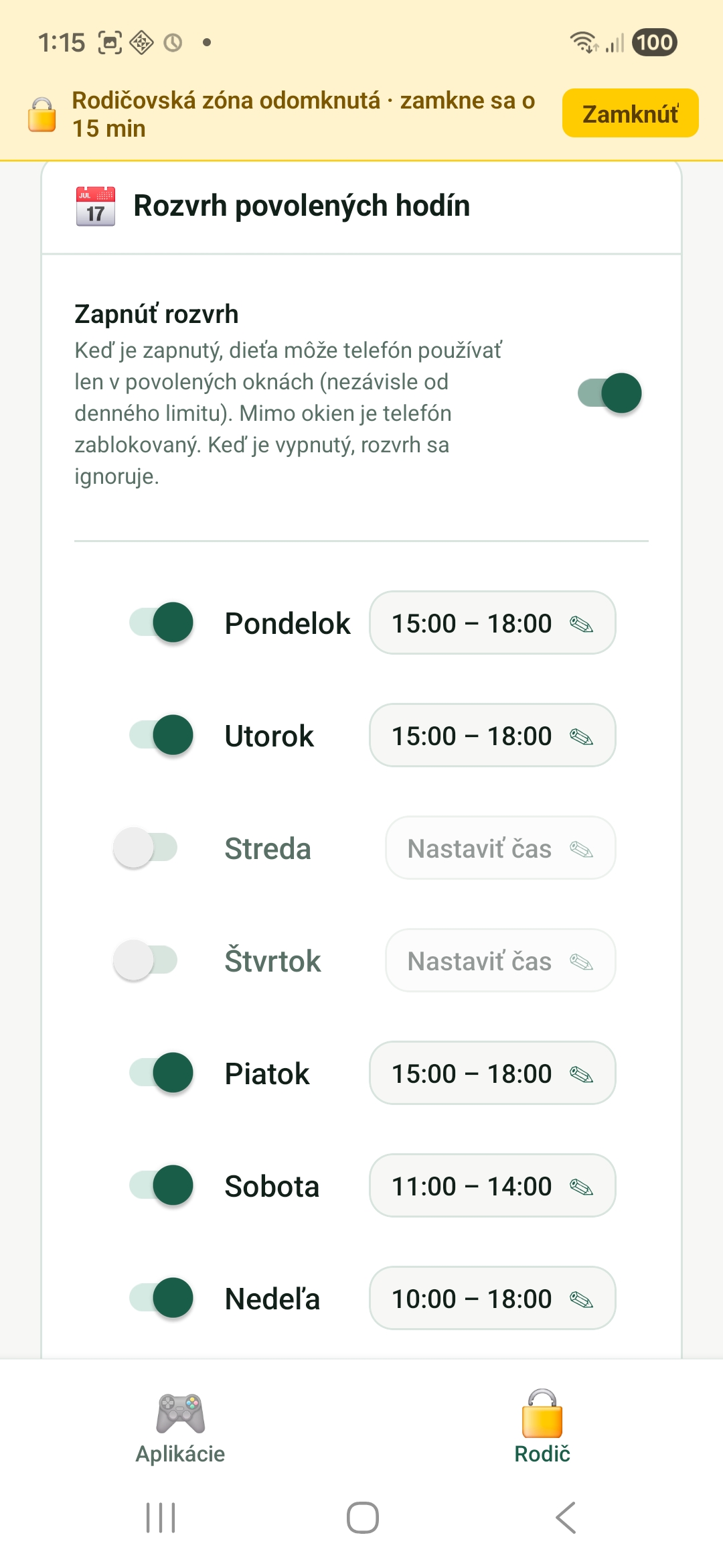 Rozvrh povolených hodín
