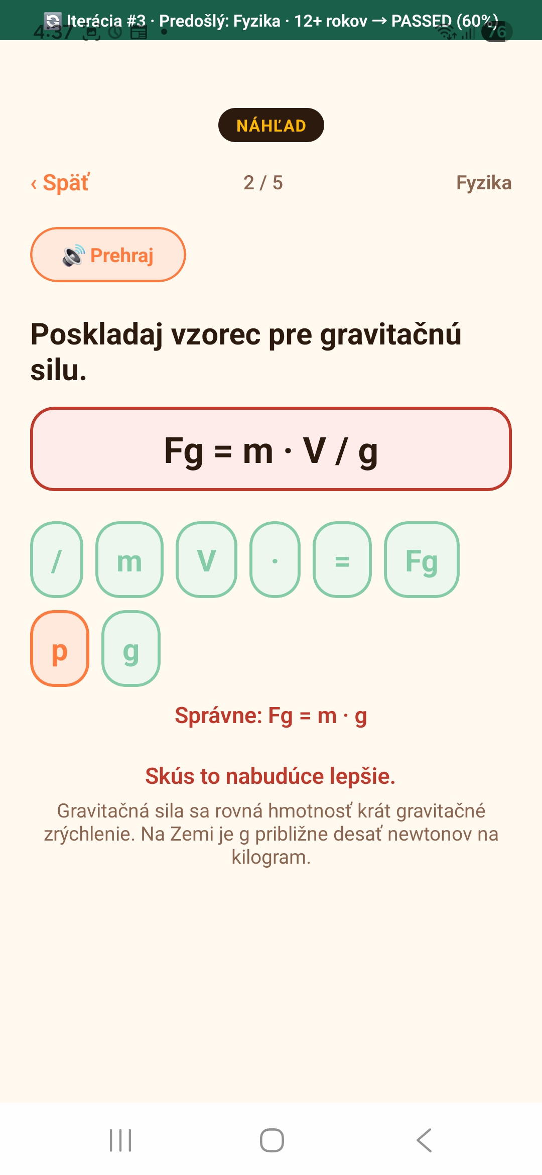 Fyzika 12+ — vyhodnotenie vzorca Fg = m · g